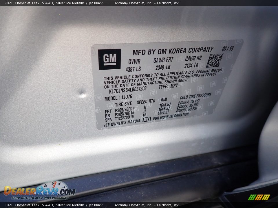 2020 Chevrolet Trax LS AWD Silver Ice Metallic / Jet Black Photo #15