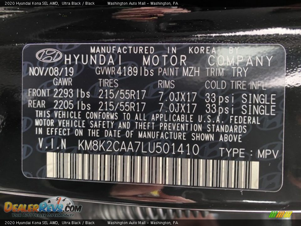 2020 Hyundai Kona SEL AWD Ultra Black / Black Photo #10