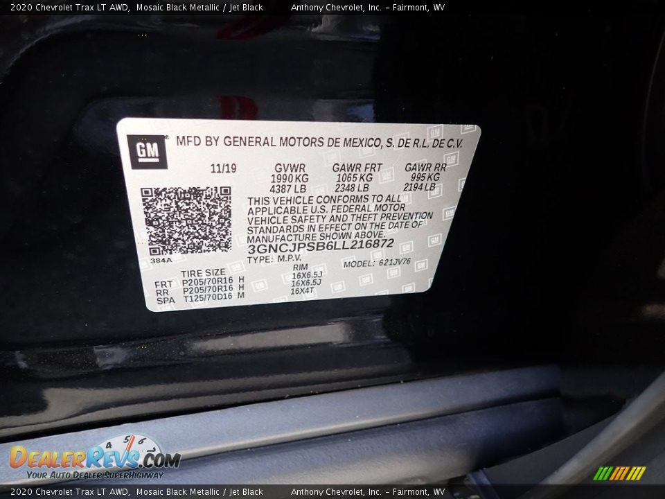 2020 Chevrolet Trax LT AWD Mosaic Black Metallic / Jet Black Photo #14