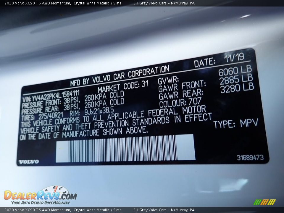 2020 Volvo XC90 T6 AWD Momentum Crystal White Metallic / Slate Photo #13