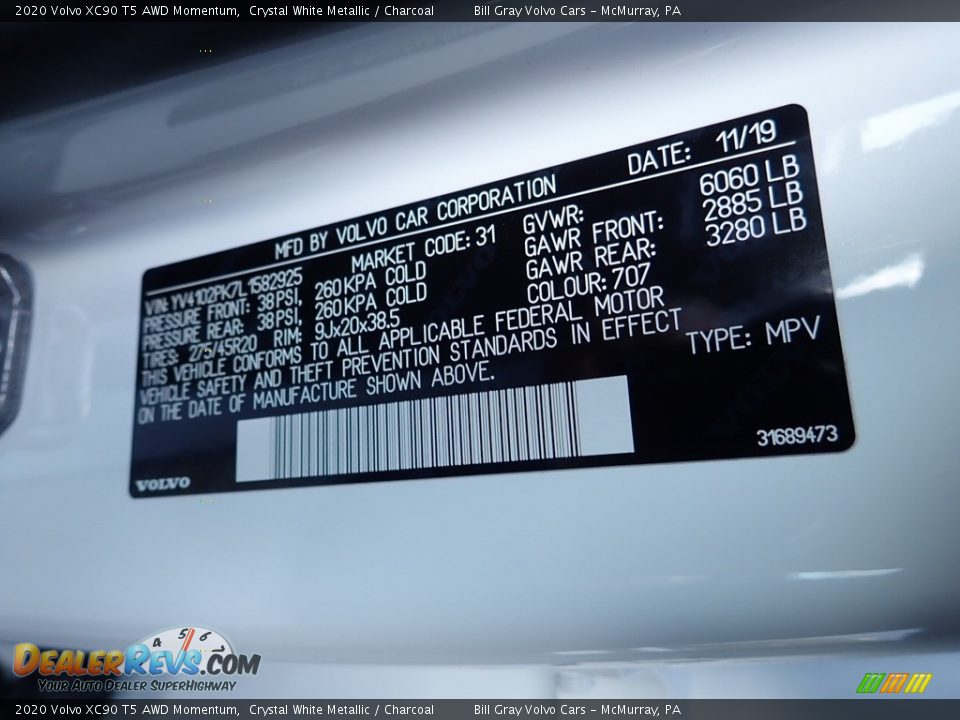 2020 Volvo XC90 T5 AWD Momentum Crystal White Metallic / Charcoal Photo #14