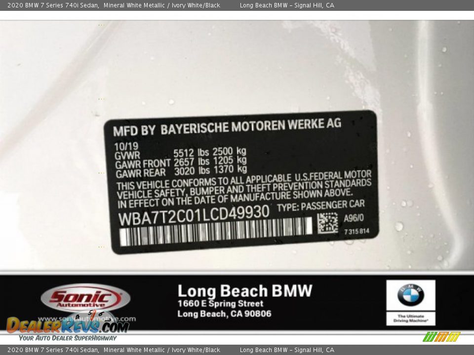 2020 BMW 7 Series 740i Sedan Mineral White Metallic / Ivory White/Black Photo #11