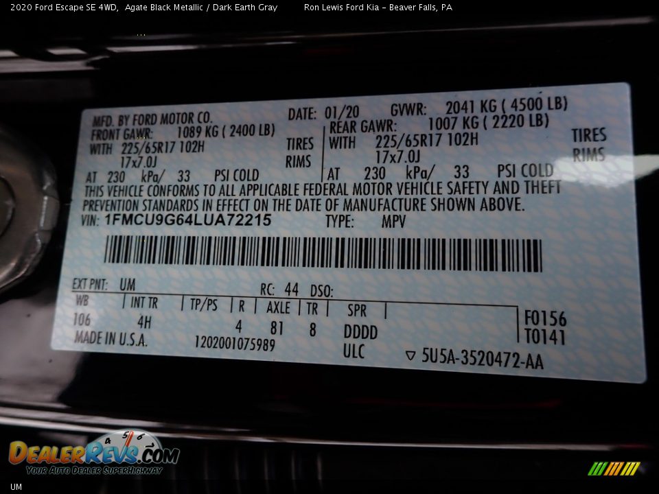 Ford Color Code UM Agate Black Metallic