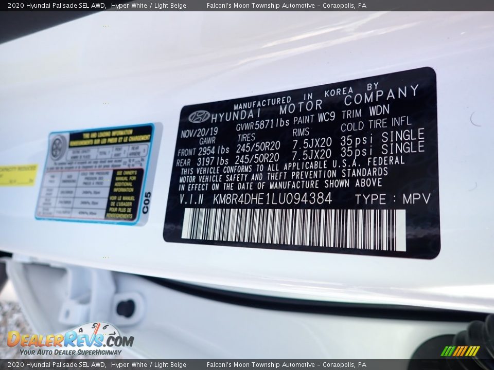 2020 Hyundai Palisade SEL AWD Hyper White / Light Beige Photo #12