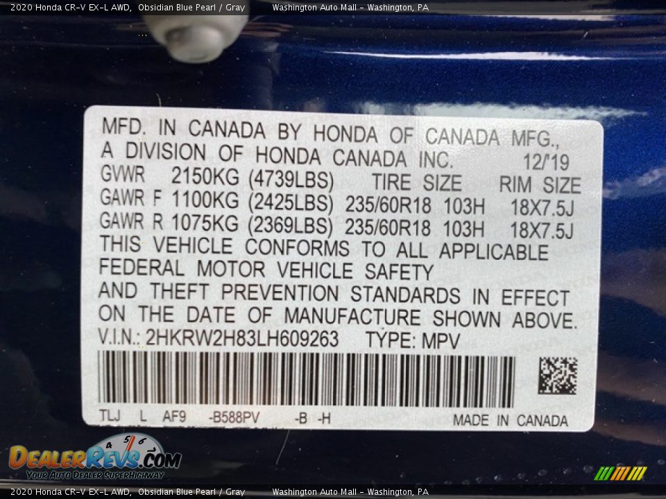 2020 Honda CR-V EX-L AWD Obsidian Blue Pearl / Gray Photo #9