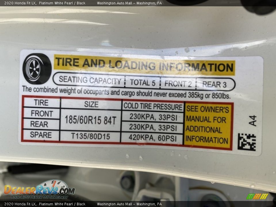 Info Tag of 2020 Honda Fit LX Photo #8