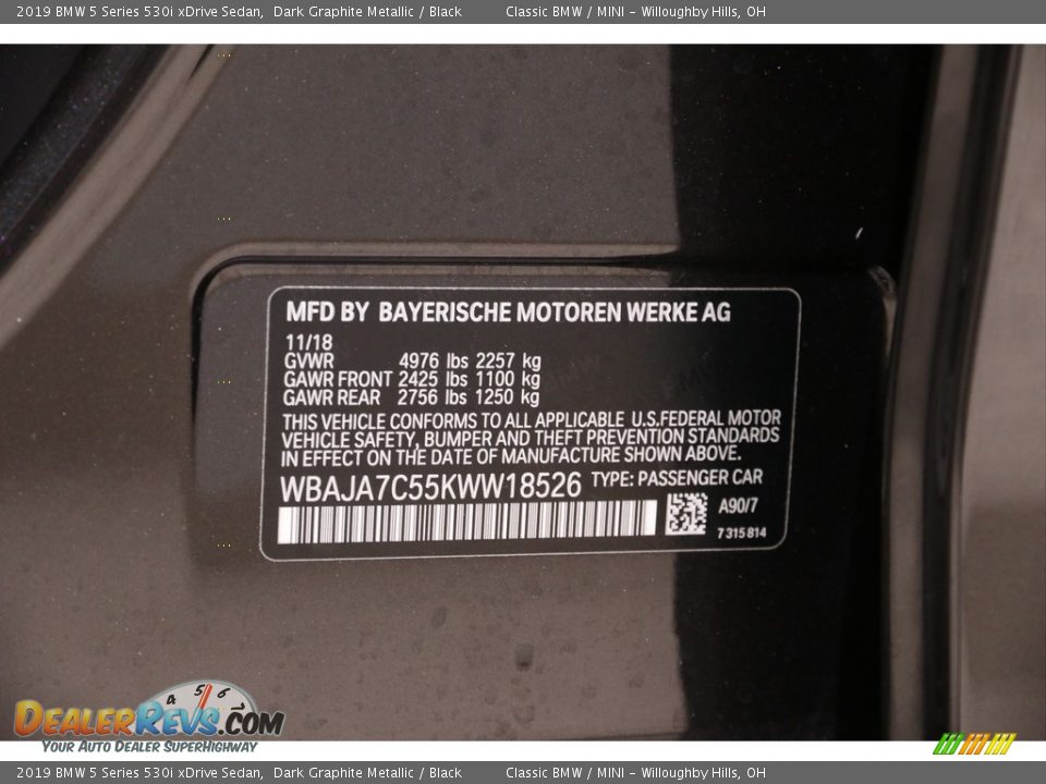 2019 BMW 5 Series 530i xDrive Sedan Dark Graphite Metallic / Black Photo #24