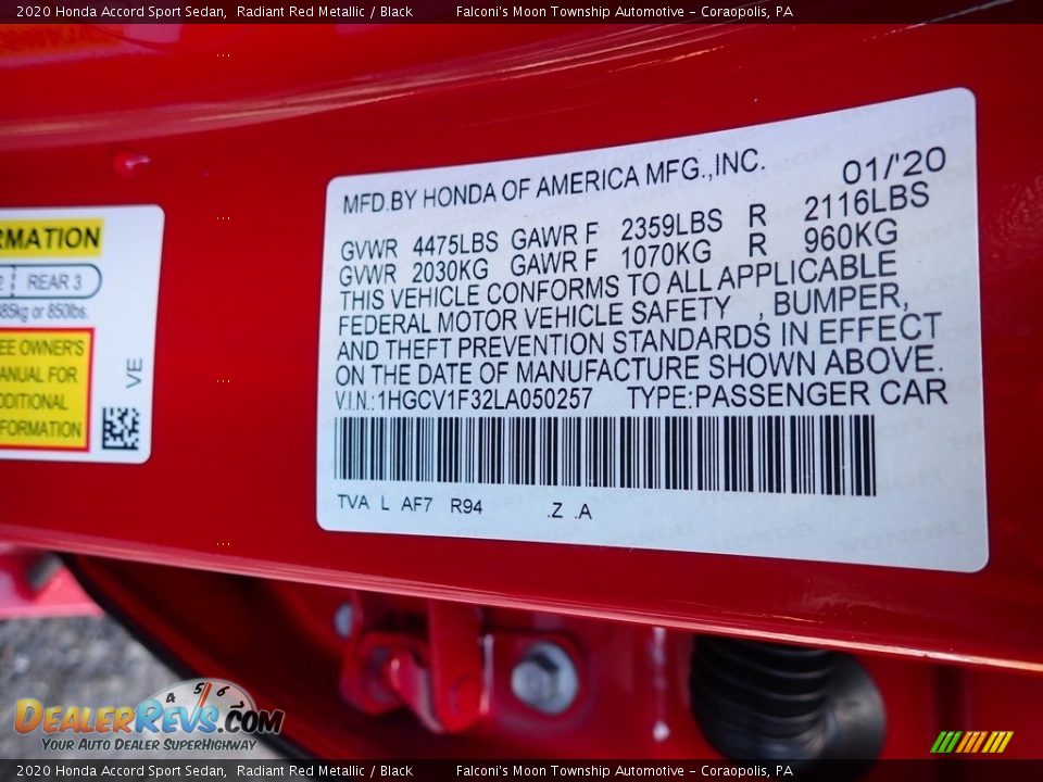 2020 Honda Accord Sport Sedan Radiant Red Metallic / Black Photo #12