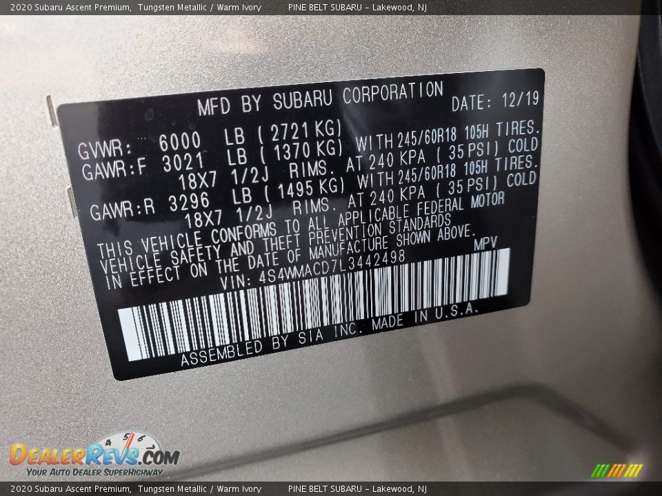 2020 Subaru Ascent Premium Tungsten Metallic / Warm Ivory Photo #9