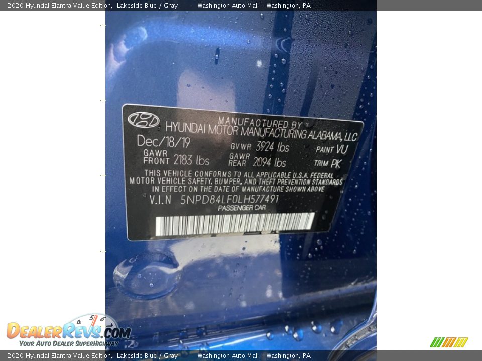 2020 Hyundai Elantra Value Edition Lakeside Blue / Gray Photo #10