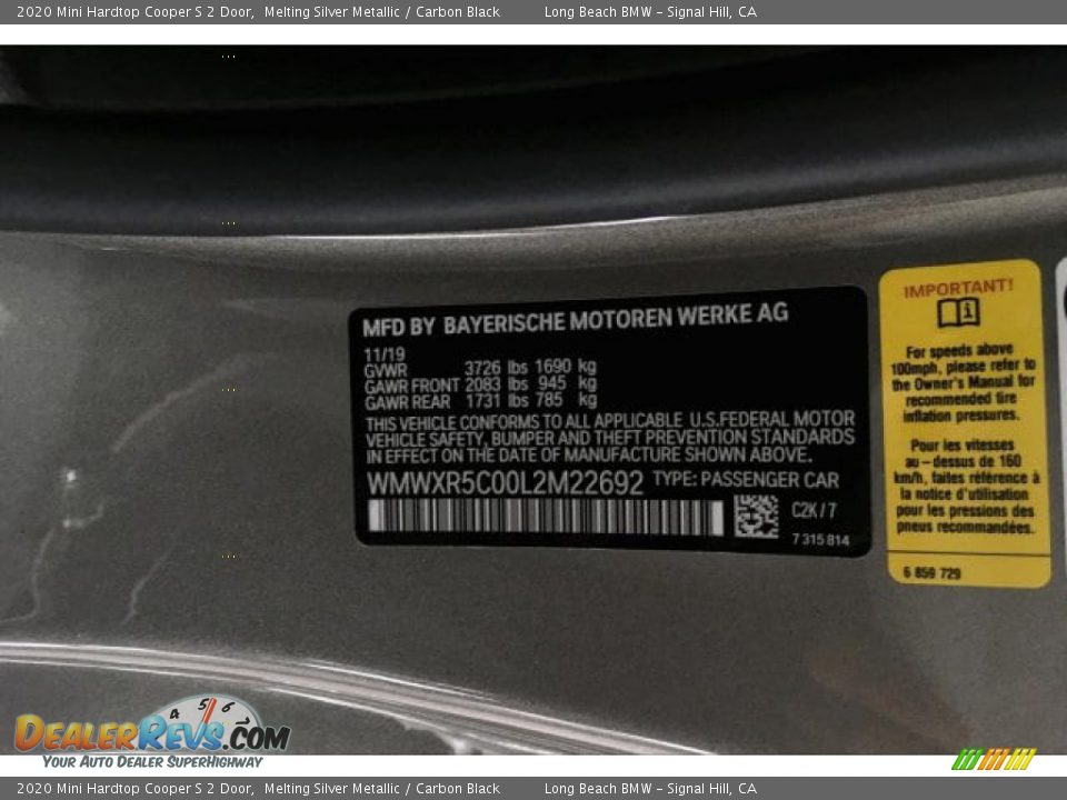 2020 Mini Hardtop Cooper S 2 Door Melting Silver Metallic / Carbon Black Photo #11