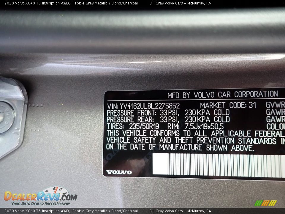 2020 Volvo XC40 T5 Inscription AWD Pebble Grey Metallic / Blond/Charcoal Photo #11