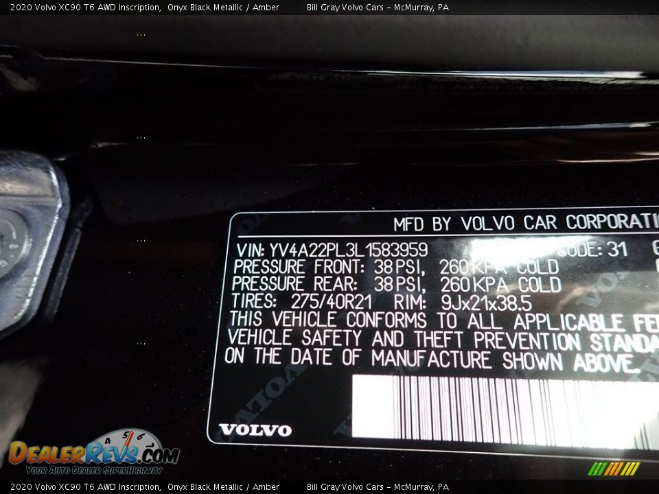 2020 Volvo XC90 T6 AWD Inscription Onyx Black Metallic / Amber Photo #11