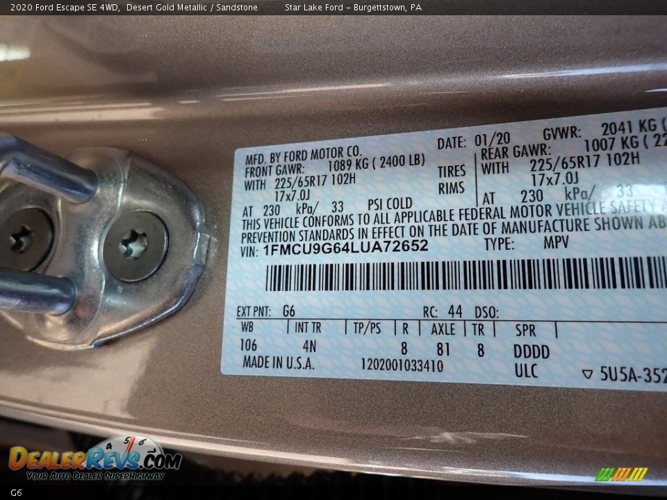 Ford Color Code G6 Desert Gold Metallic