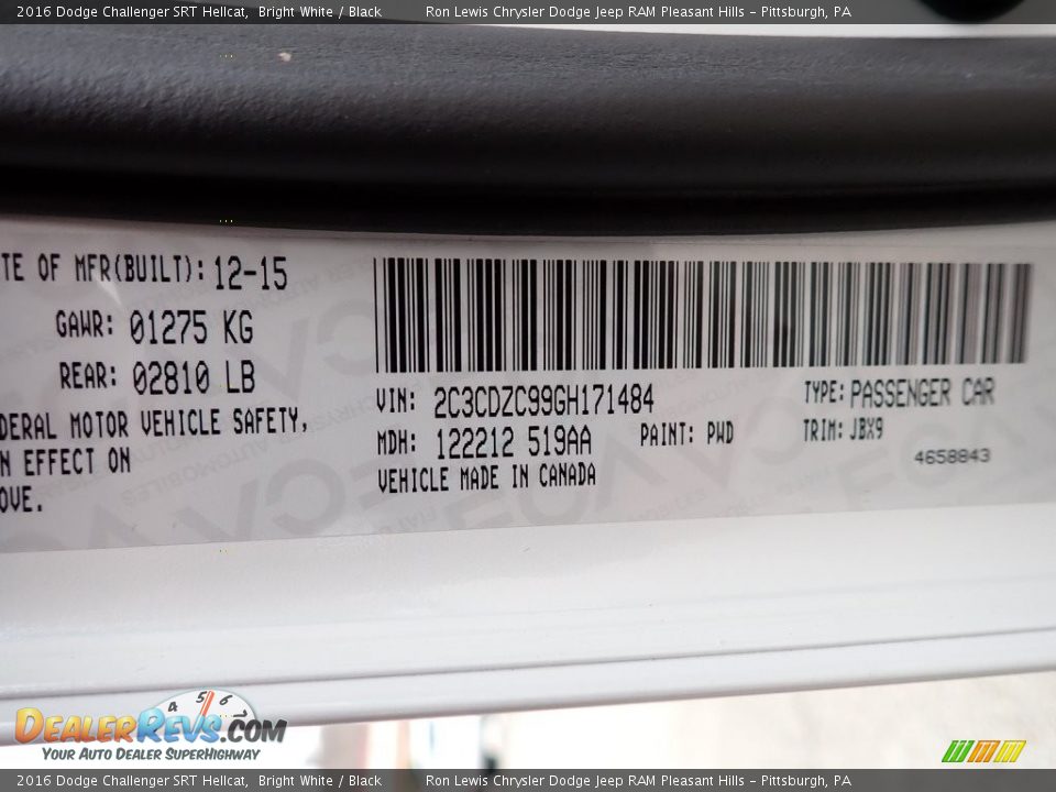 2016 Dodge Challenger SRT Hellcat Bright White / Black Photo #15