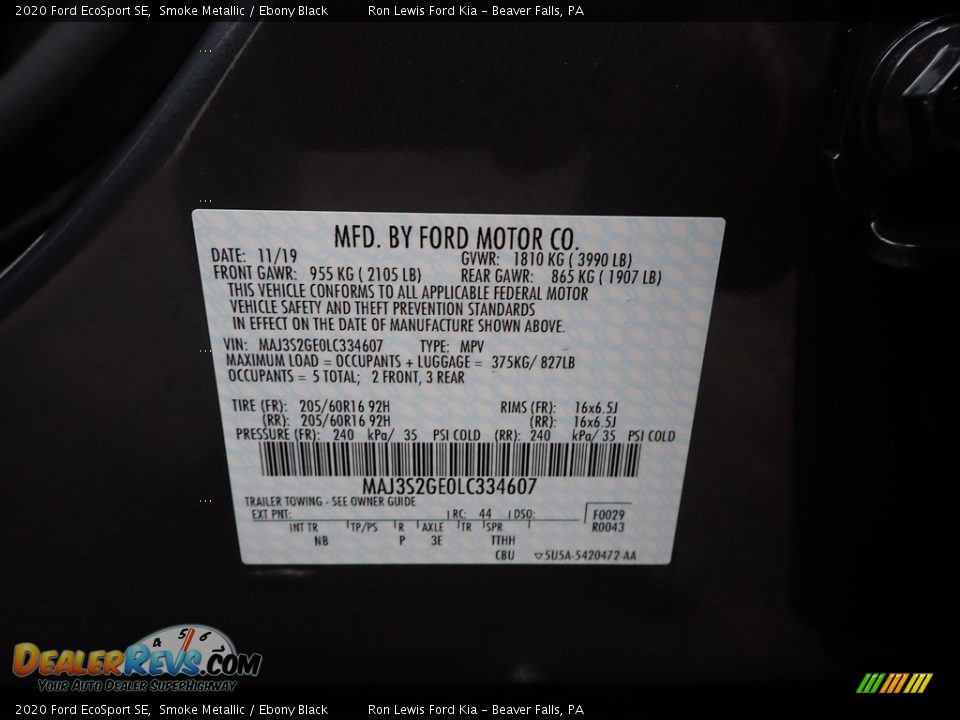 2020 Ford EcoSport SE Smoke Metallic / Ebony Black Photo #13