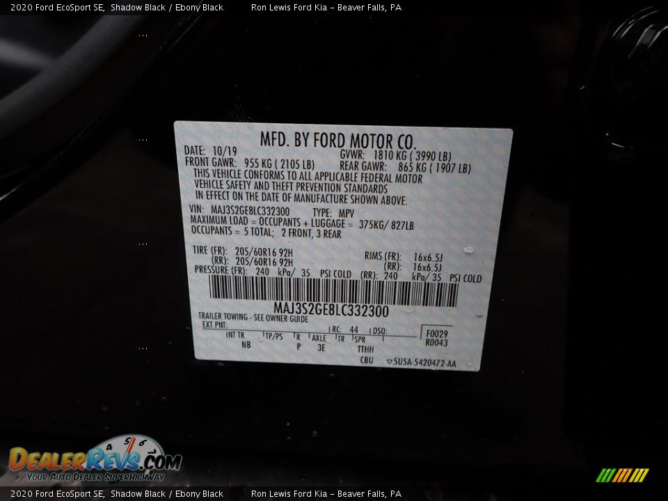 2020 Ford EcoSport SE Shadow Black / Ebony Black Photo #11