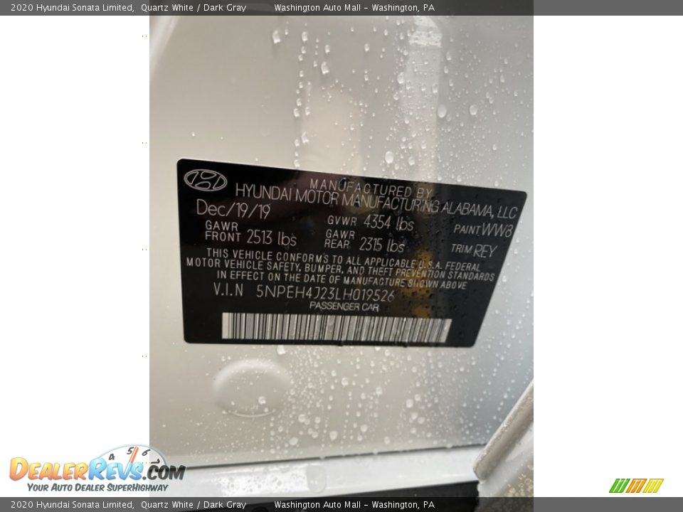 2020 Hyundai Sonata Limited Quartz White / Dark Gray Photo #9