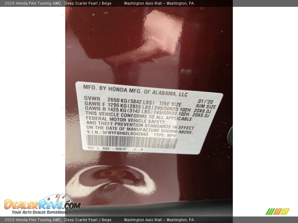 2020 Honda Pilot Touring AWD Deep Scarlet Pearl / Beige Photo #9