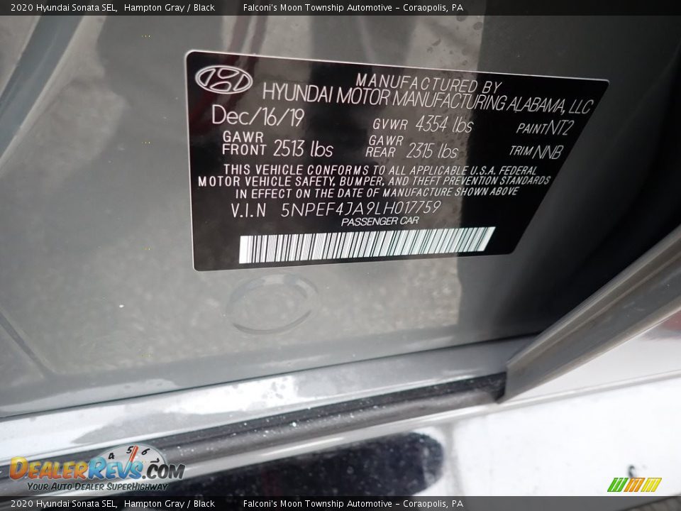 2020 Hyundai Sonata SEL Hampton Gray / Black Photo #12