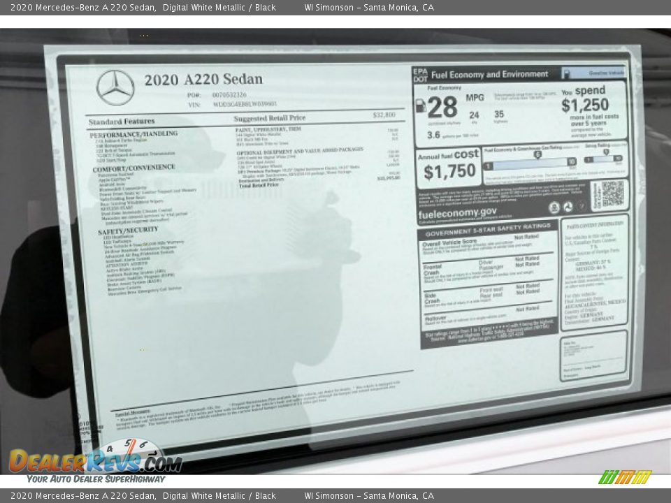 2020 Mercedes-Benz A 220 Sedan Digital White Metallic / Black Photo #10