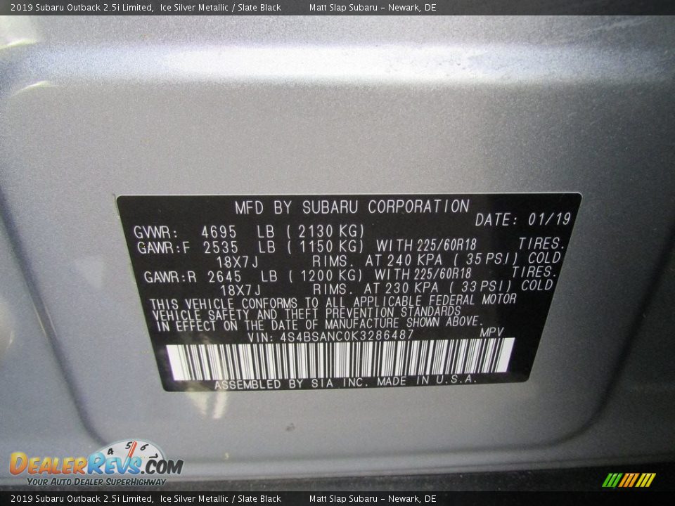 2019 Subaru Outback 2.5i Limited Ice Silver Metallic / Slate Black Photo #30