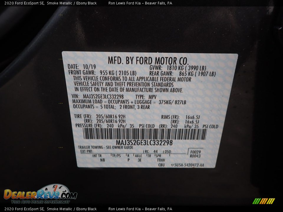 Info Tag of 2020 Ford EcoSport SE Photo #13
