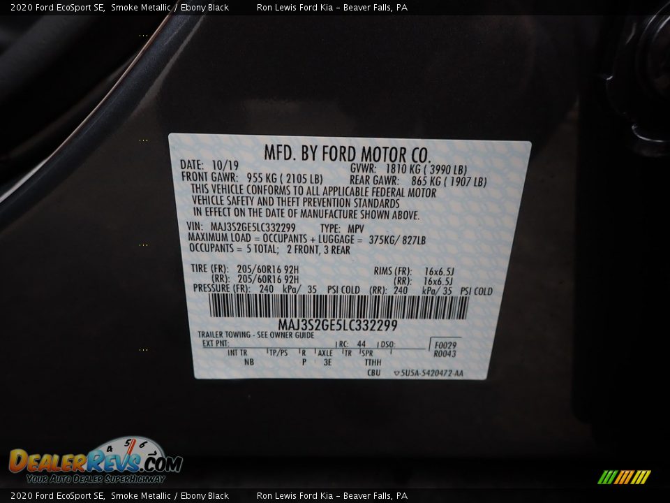2020 Ford EcoSport SE Smoke Metallic / Ebony Black Photo #13