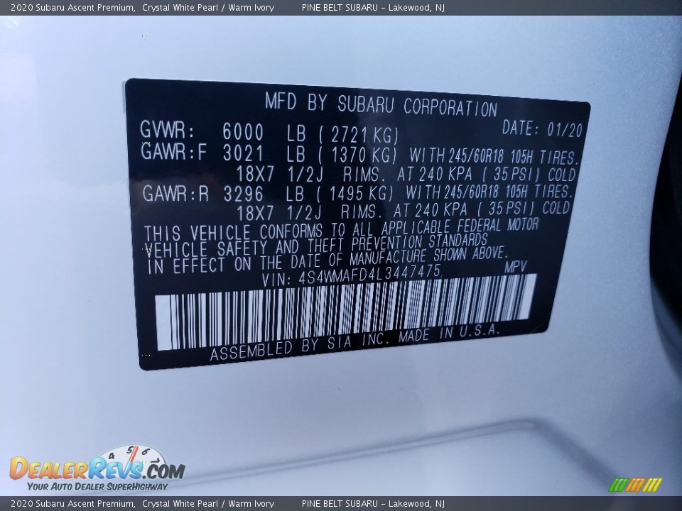2020 Subaru Ascent Premium Crystal White Pearl / Warm Ivory Photo #10