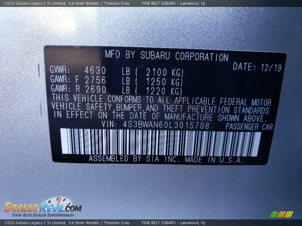 2020 Subaru Legacy 2.5i Limited Ice Silver Metallic / Titanium Gray Photo #10