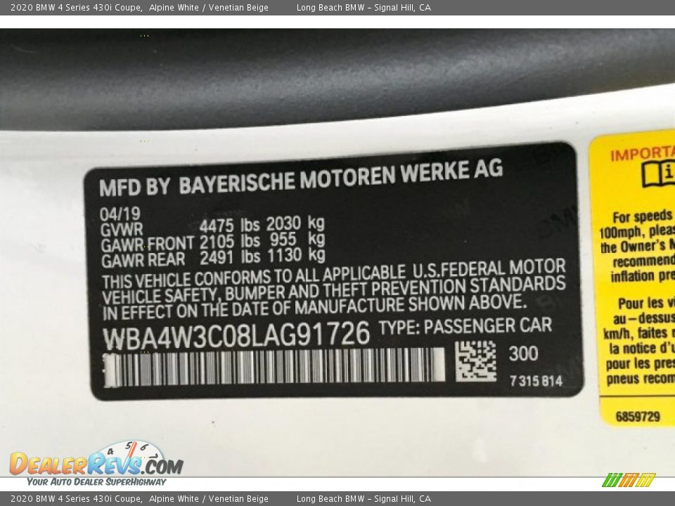 2020 BMW 4 Series 430i Coupe Alpine White / Venetian Beige Photo #19