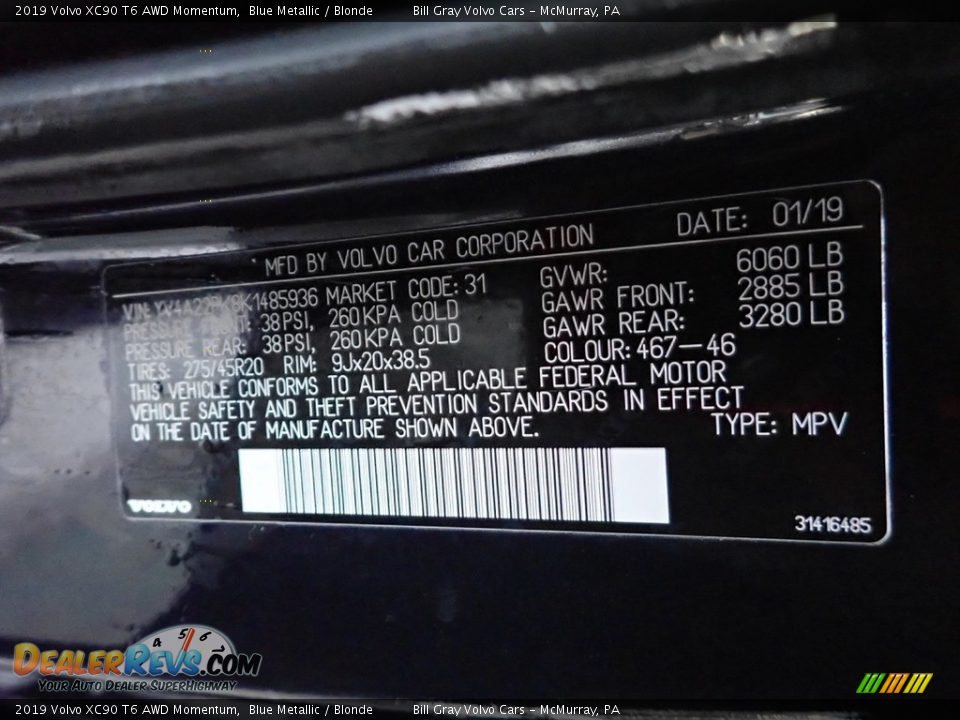 2019 Volvo XC90 T6 AWD Momentum Blue Metallic / Blonde Photo #23