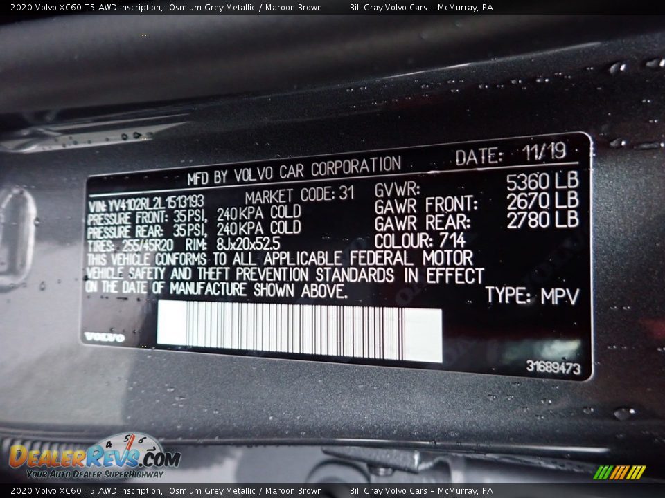 2020 Volvo XC60 T5 AWD Inscription Osmium Grey Metallic / Maroon Brown Photo #11
