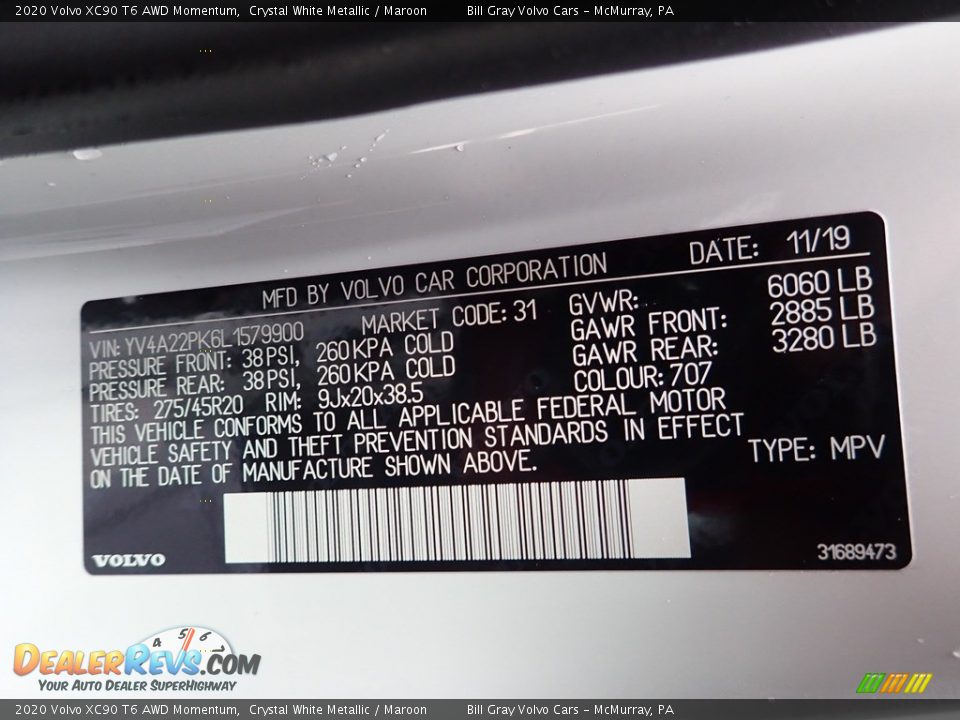 2020 Volvo XC90 T6 AWD Momentum Crystal White Metallic / Maroon Photo #12