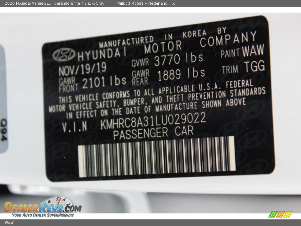 Hyundai Color Code WAW Ceramic White
