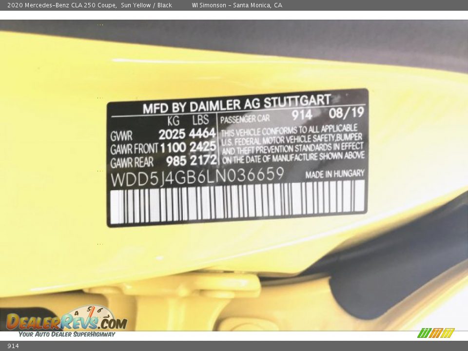 Mercedes-Benz Color Code 914 Sun Yellow