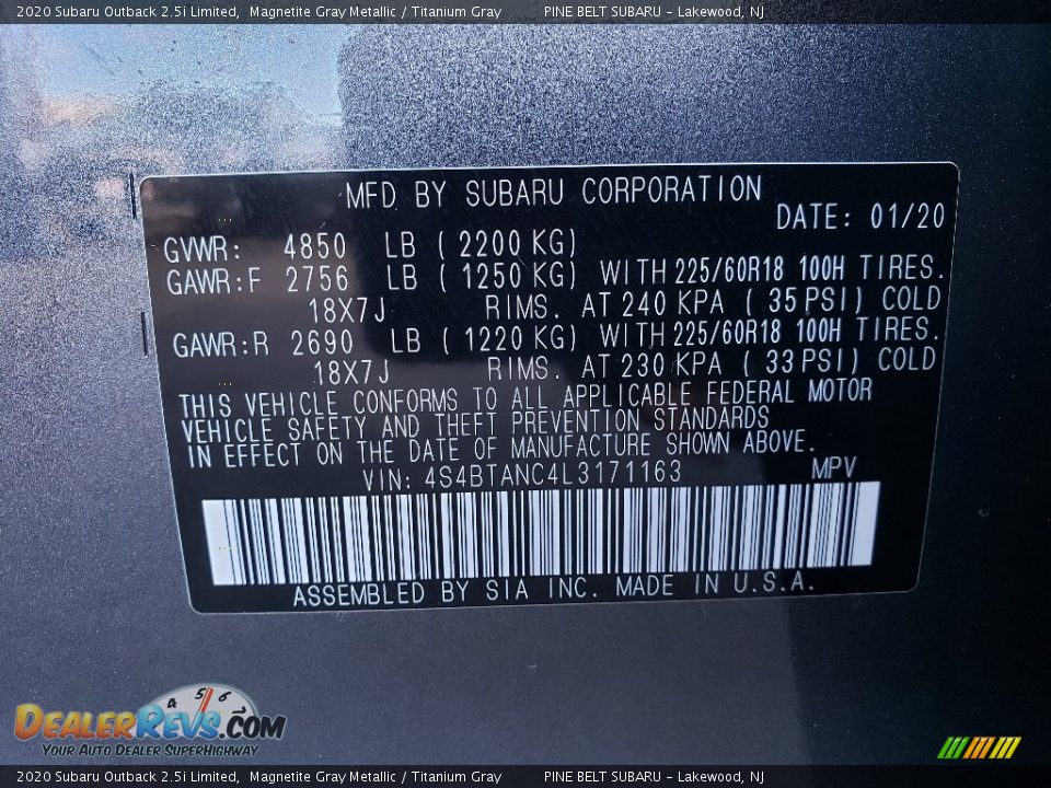 2020 Subaru Outback 2.5i Limited Magnetite Gray Metallic / Titanium Gray Photo #10