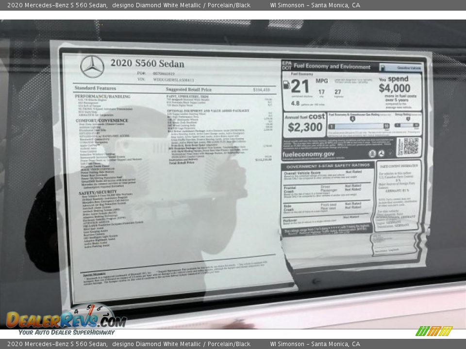 2020 Mercedes-Benz S 560 Sedan designo Diamond White Metallic / Porcelain/Black Photo #10
