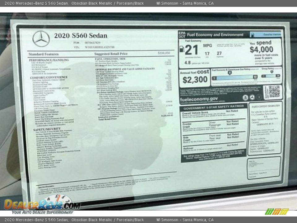 2020 Mercedes-Benz S 560 Sedan Window Sticker Photo #10