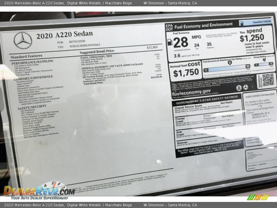 2020 Mercedes-Benz A 220 Sedan Digital White Metallic / Macchiato Beige Photo #10