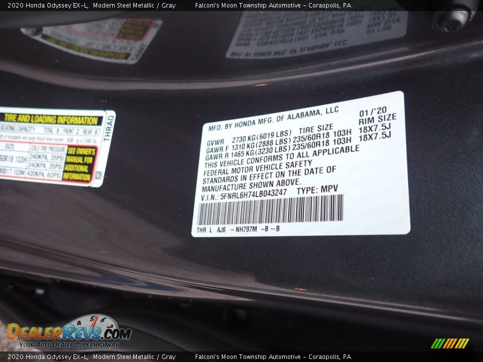 2020 Honda Odyssey EX-L Modern Steel Metallic / Gray Photo #12