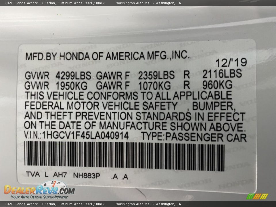 2020 Honda Accord EX Sedan Platinum White Pearl / Black Photo #9