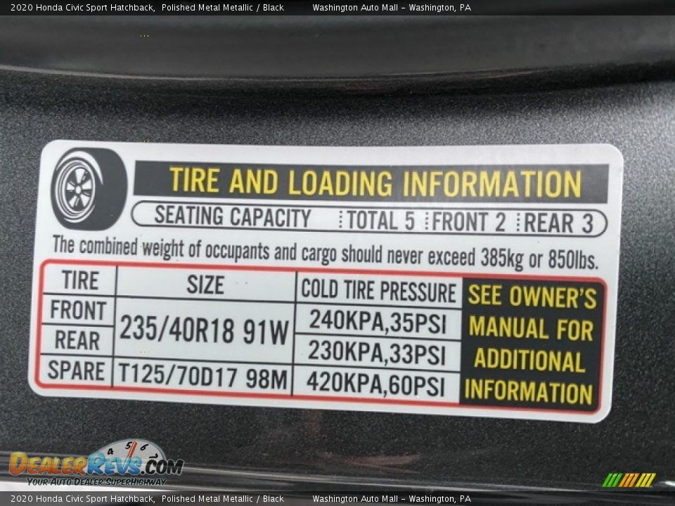 2020 Honda Civic Sport Hatchback Polished Metal Metallic / Black Photo #8