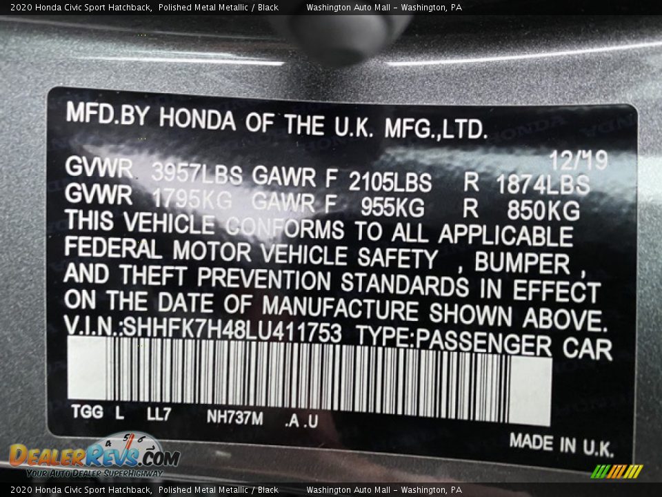 2020 Honda Civic Sport Hatchback Polished Metal Metallic / Black Photo #9