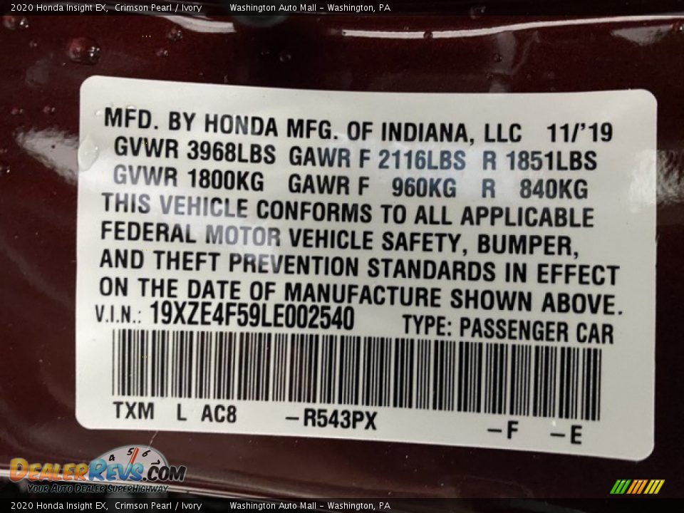 2020 Honda Insight EX Crimson Pearl / Ivory Photo #10