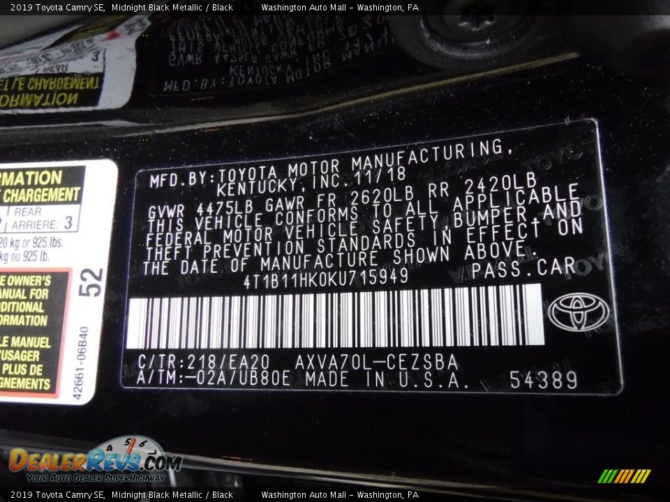 2019 Toyota Camry SE Midnight Black Metallic / Black Photo #26