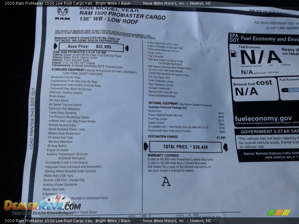 2020 Ram ProMaster 1500 Low Roof Cargo Van Bright White / Black Photo #26