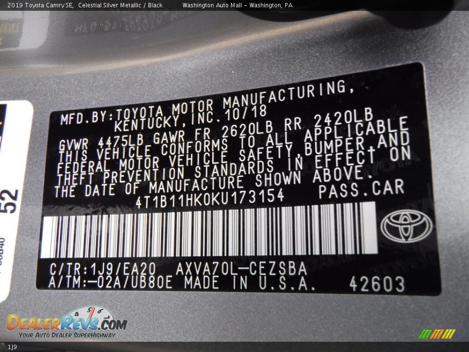 Toyota Color Code 1J9 Celestial Silver Metallic