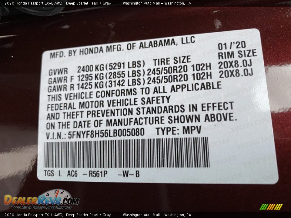 2020 Honda Passport EX-L AWD Deep Scarlet Pearl / Gray Photo #9