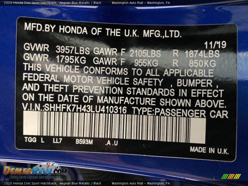 2020 Honda Civic Sport Hatchback Aegean Blue Metallic / Black Photo #9